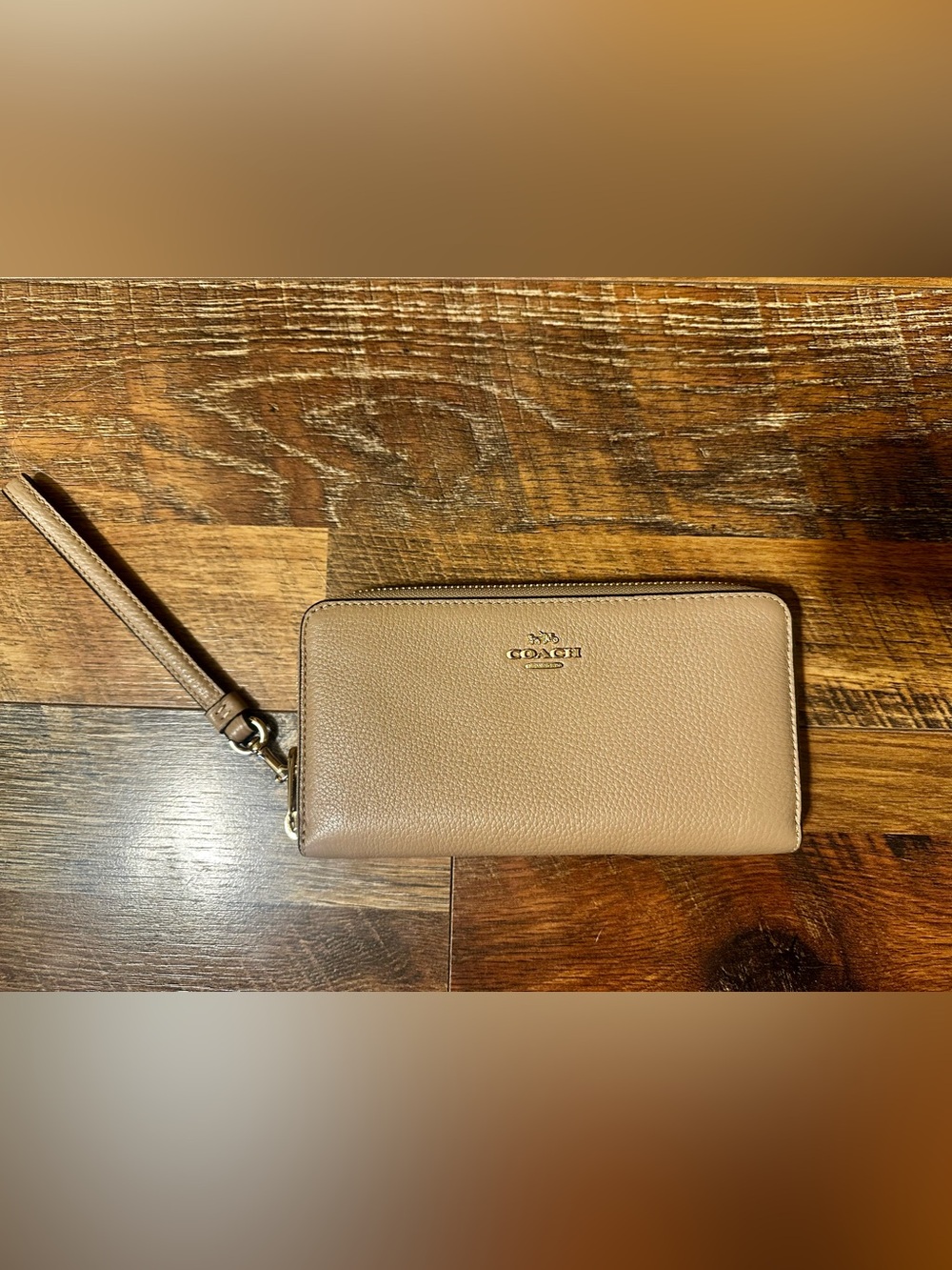 Coach Taupe Pebbled Leather Zip Wrist Wallet with Gold Logo